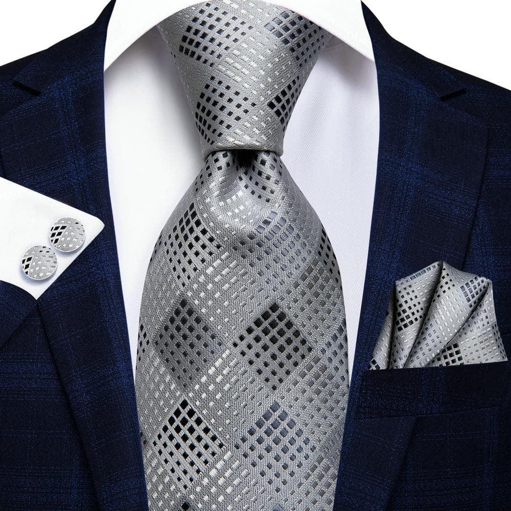 Hi-Tie Mens Silk Tie Grey Necktie Handkerchief Cufflinks Set for Business Wedding cm