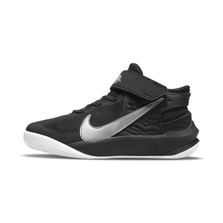 Nike Team Hustle D10 FlyEase PS Black Metallic Silver Kids Sneakers Volt White DD7302-004 cm