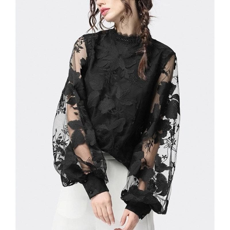 Women's Top Lace Bubble Sleeve Round Neck Long Sleeves Solid Colour Blouse cm black