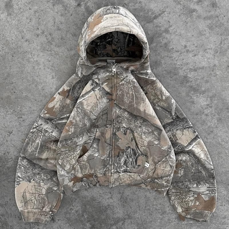 Retro zip up Hoodie Men Camouflage Pattern zipper Sweatshirt High Street Hip Hop Streetwear Oversized Unisex Camo Hoodie cm light grey