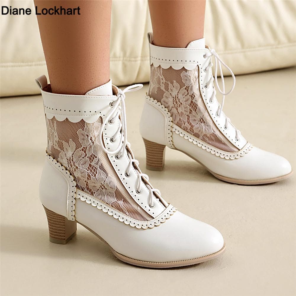 Fashion Women Victorian Ankle Boots Leather Lace Hollow Mesh Heel Shoes for women Fashion Lace-up Spliced Ladies High Heels Woman Boots cm white