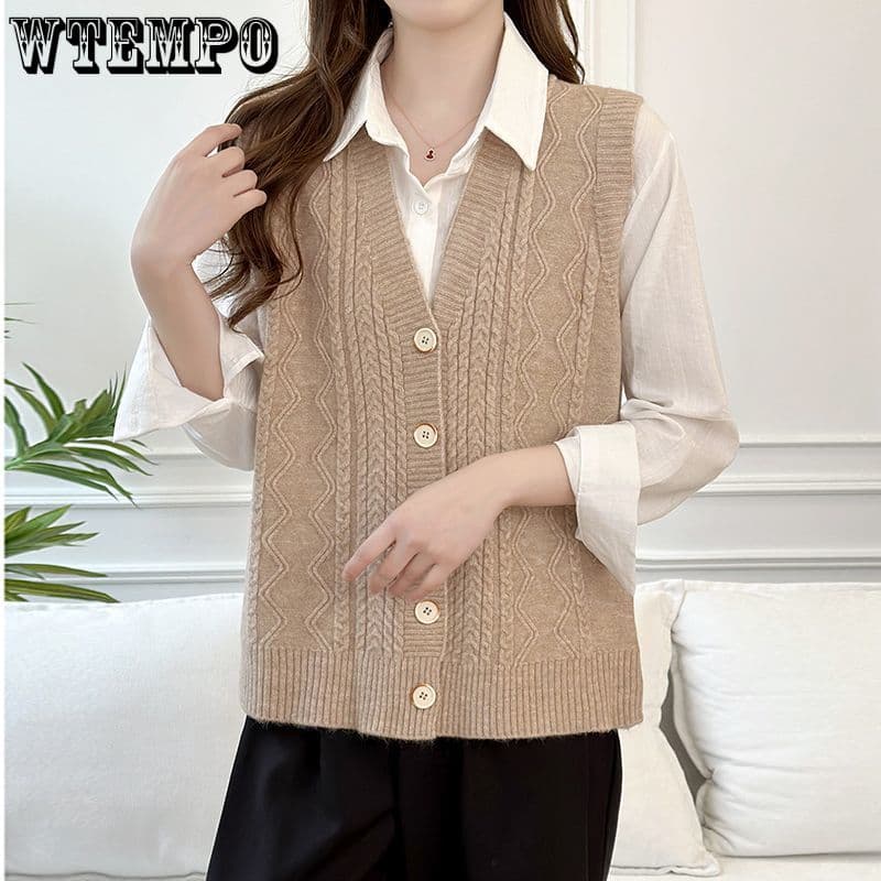 Women's Sleeveless Knitted Vest Cardigan for Autumn and Winter Loose Casual V-neck Sweater Vest cm