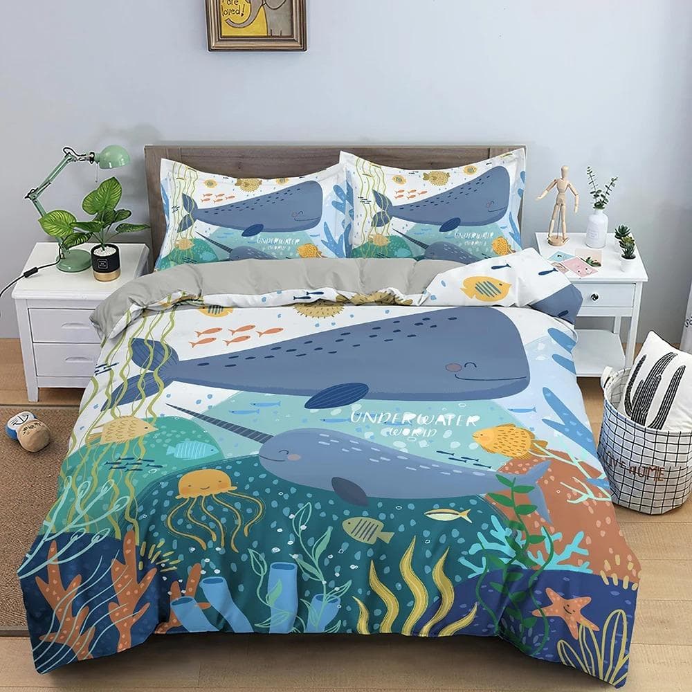 Cartoon Underwater World Sea Animals Bedding Set Boys Girls Twin Queen Size Duvet Cover Pillowcase Bed Kids Adult 220cm