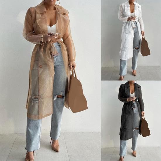 Shirt Coat Net Yarn See Through Spring Summer Lace-up Long Shirt for Daily Wear cm white