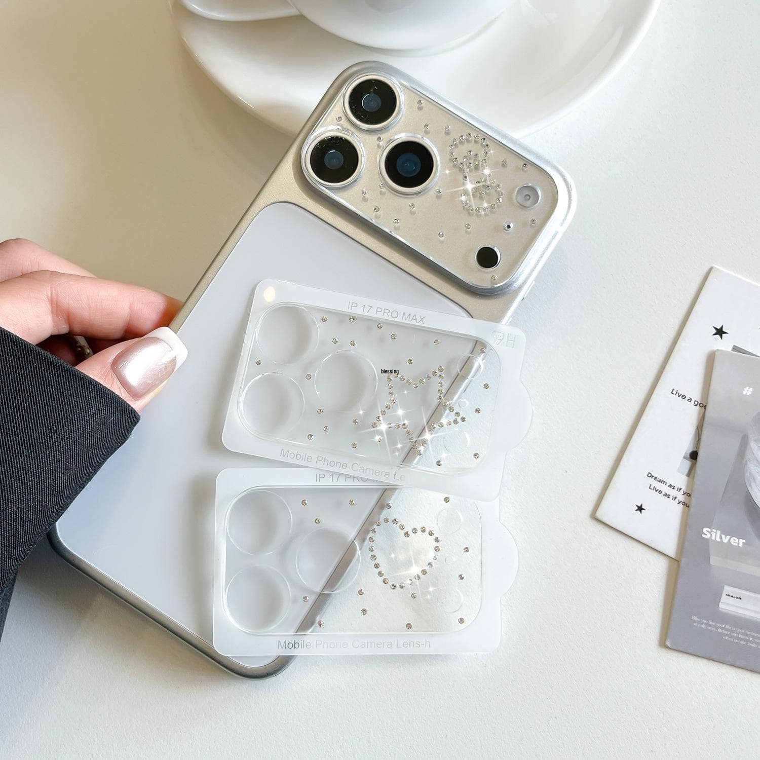 Apple Pro Max 17 Clear Glitter Rhinestone Lens Protector Cartoon