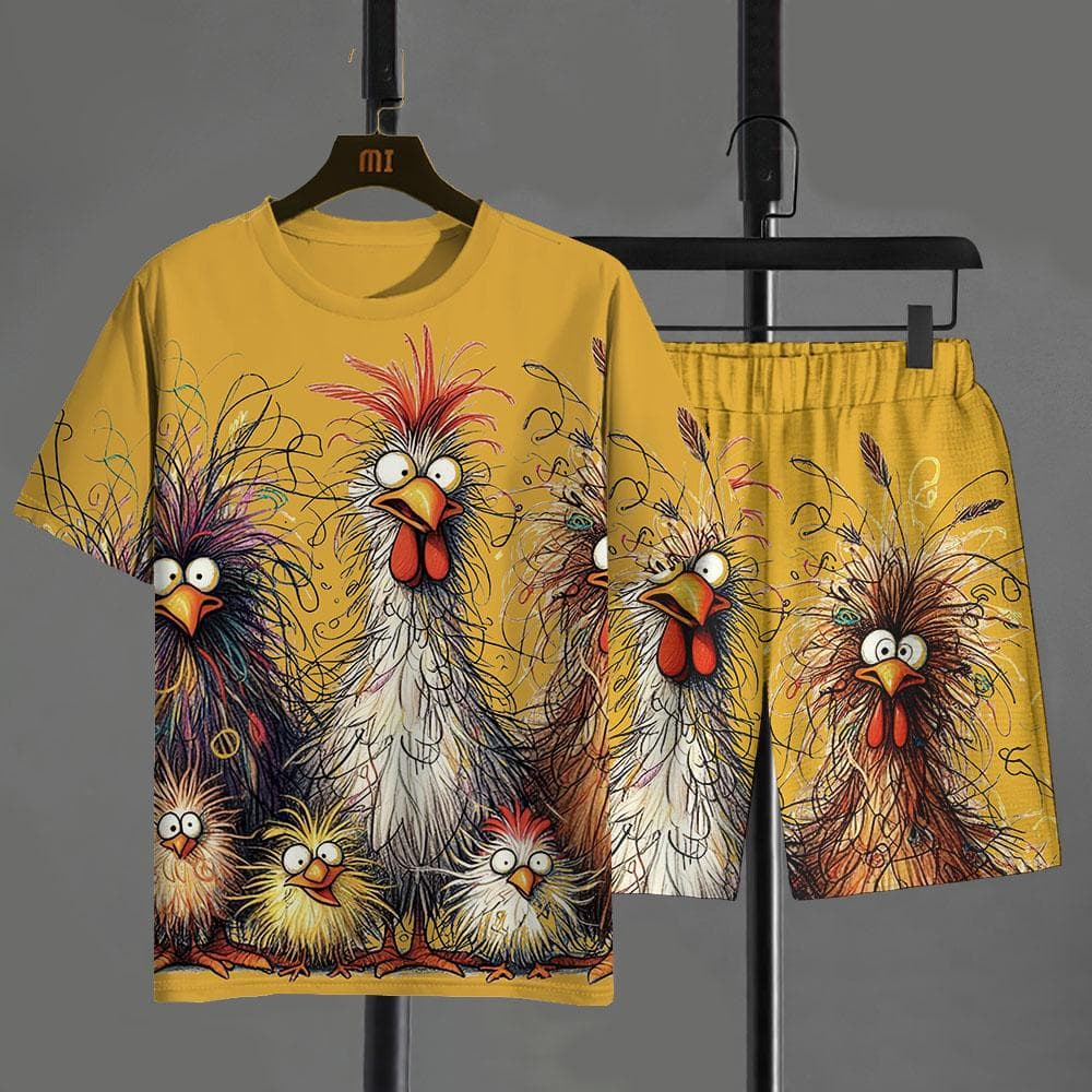 Funny Men's T-shirt Pants Set Cartoon Chicken Print Summer Casual Short Sleeve Pullover T-shirts Outdoor Male Overszied Clothing cm
