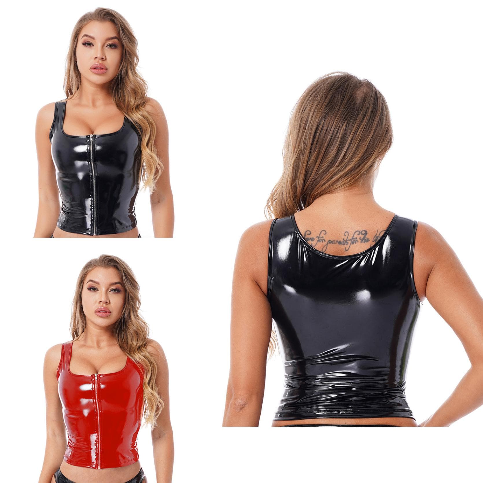 Sexy Women PVC Shiny Zipper Open Short Tank Tops Latex Moto & Biker Punk Short Tops cm red