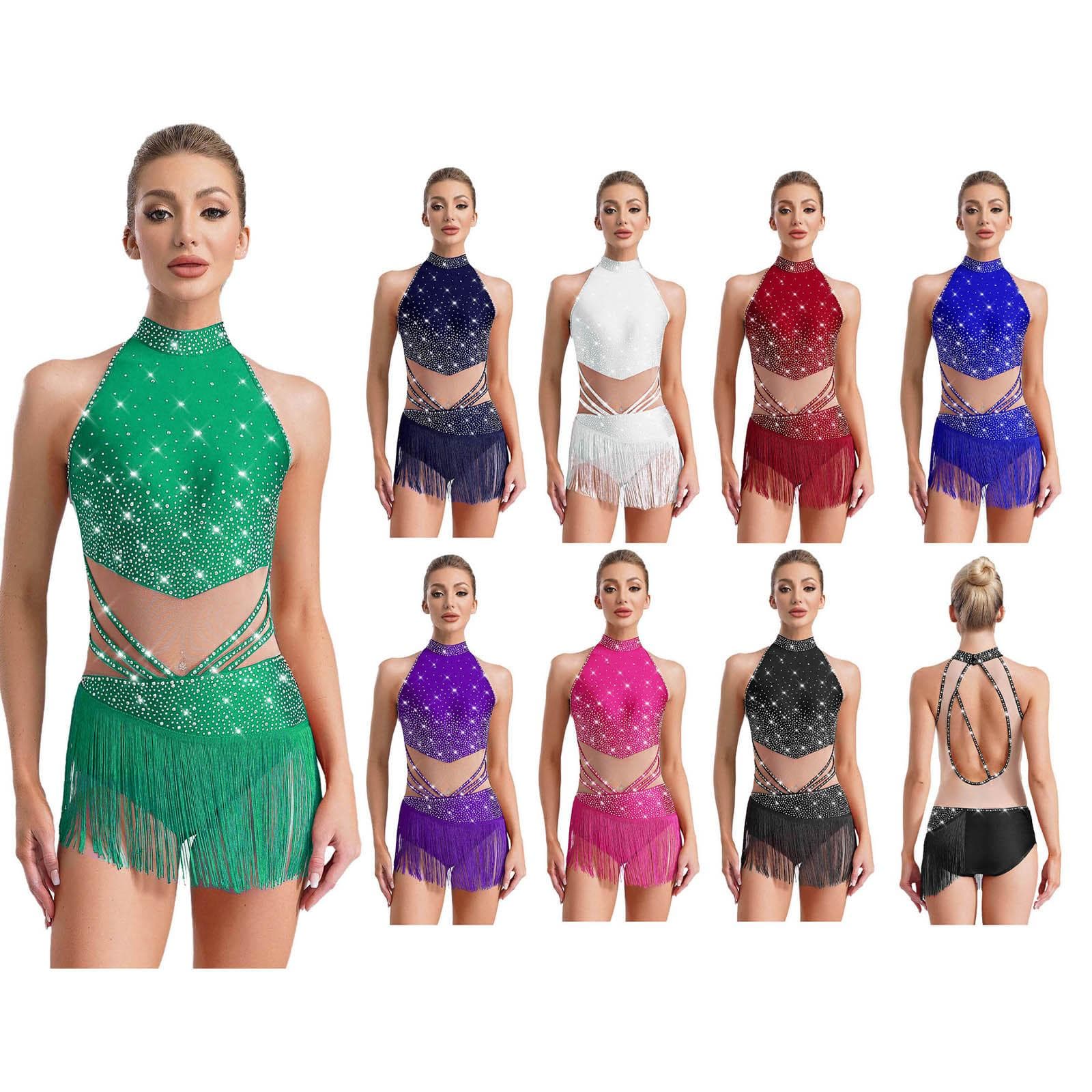 Women Sleeveless Mock Neck Leotard Patchwork Rhinestones Tassels Adorned Latin Dance Gymnastics Competition Wear cm royal blue