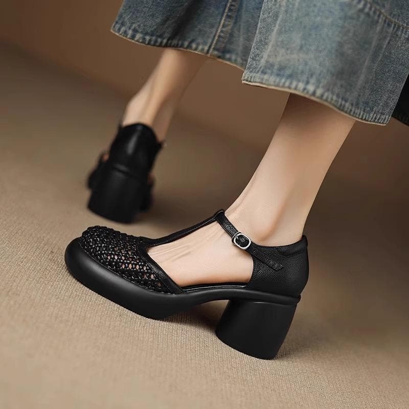 Sheepskin version~ Baotou sandals women's 2025 summer new soft-soled retro woven hollowed-out thick heel T-strap single shoes cm apricot