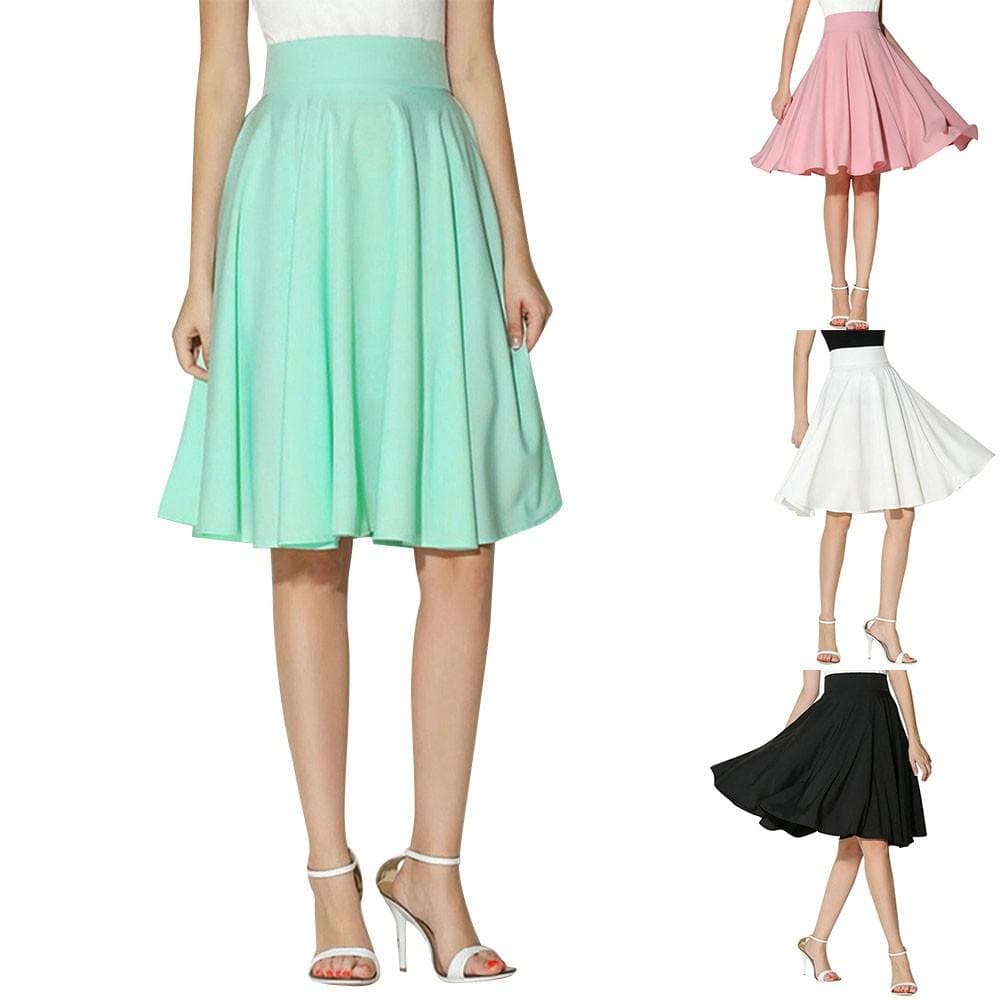 Women Solid Flared Retro Casual Knee Length Pleated Midi  Work Skirt cm white