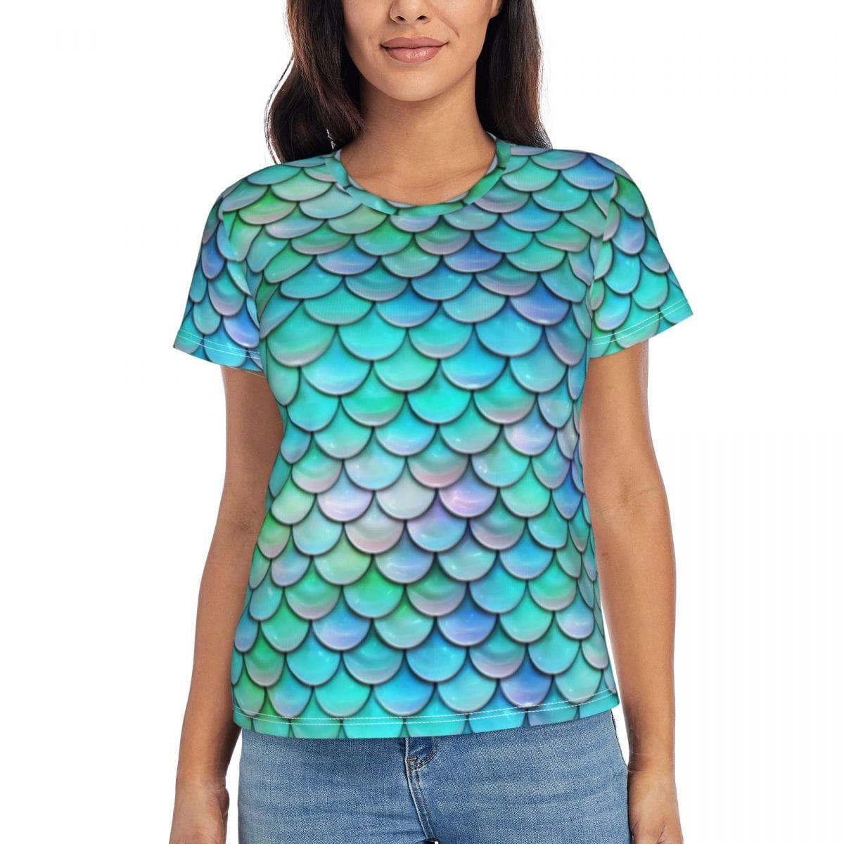 Mermaid Scales T Shirts Turquoise Blue Animal Print O Neck Street Style Oversized T-Shirt Female Y2K Cute Tee Shirt Summer Tees cm