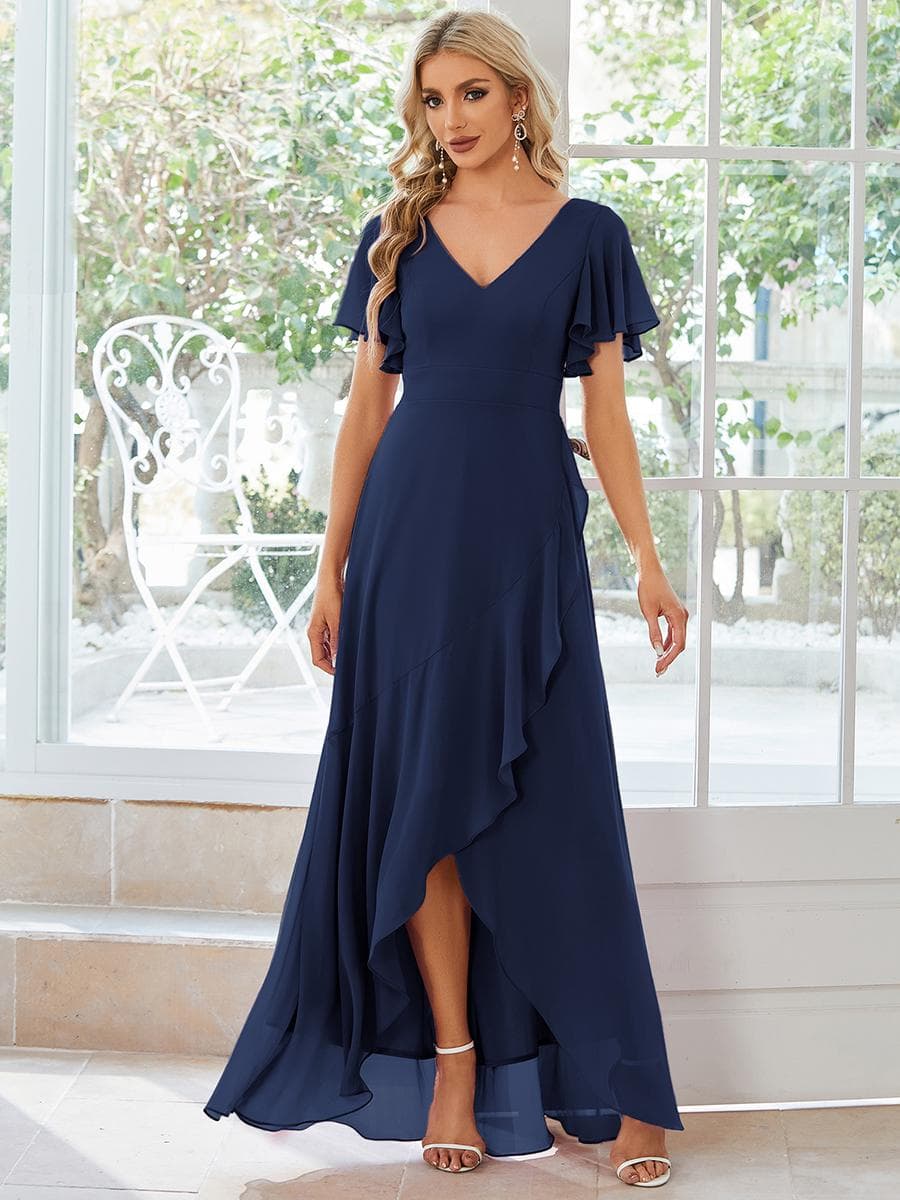 Ever-Pretty Women's Double V Neck A Line Asymmetry Hem Backless High Low Chiffon Formal Dresses cm navy blue