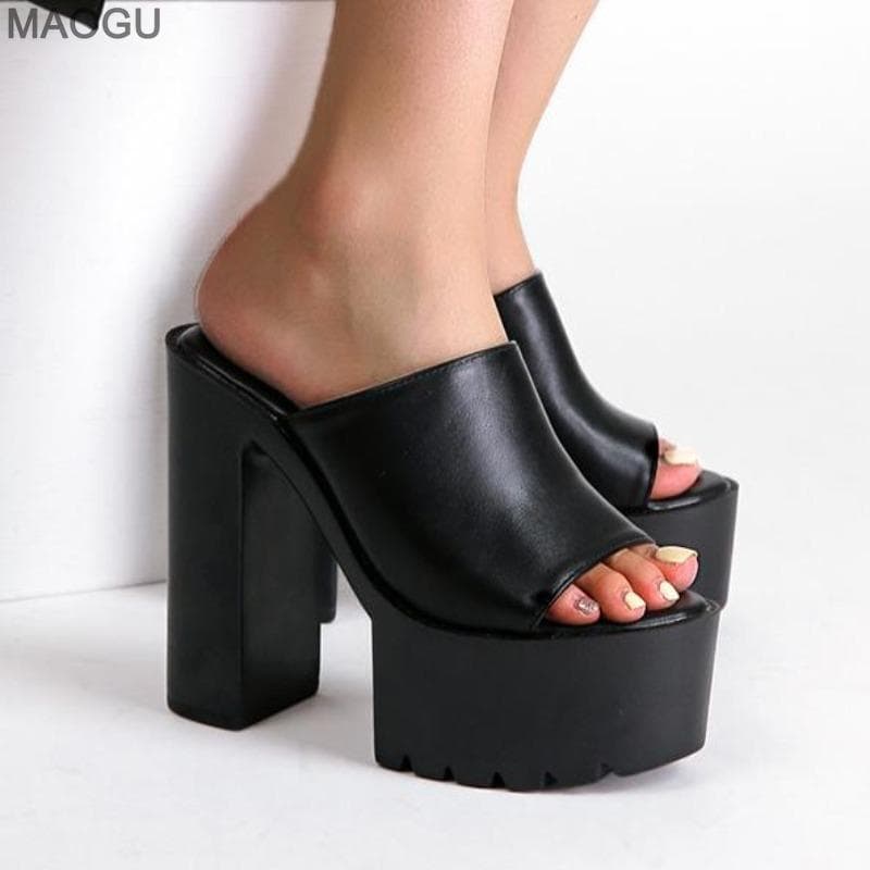 14CM Super High Heel Platform Mules Women Outdoor Slippers Peep Toe Slip on Sandals PU Black White Size 35-42 Zapatos De Mujer cm white