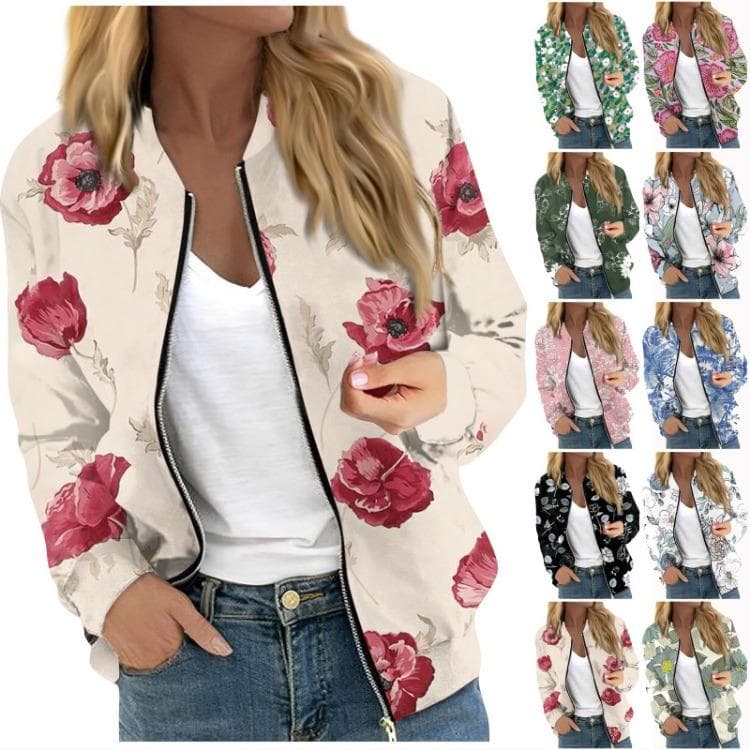 Women Floral Leaf Print Casual Long Sleeve Zipper Jacket Round Neck Fashionable cm