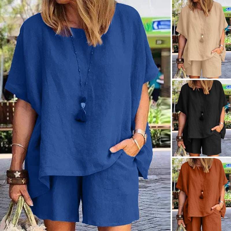 Summer Cotton Linen Suit Plus Size Casual Sportswear Temperament Fashion Loose Short-sleeved Top Shorts Two-piece Set cm red