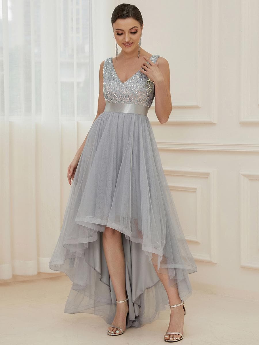 Ever-Pretty Women's Double V-Neck A-Line Sequin Sleeveless High Low Tulle Evening Dresses cm silver