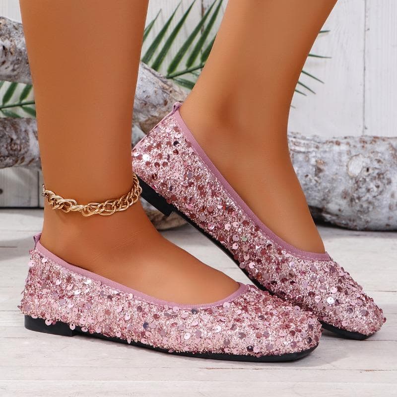 Shoes Female 2024 Fashion Slip on Women's Flats Spring Square Toe Solid Sequins Shallow Mouth Rubber Flats Basic Commuting Shoes cm