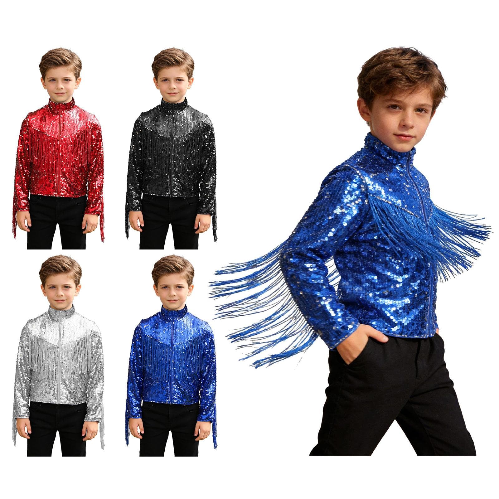 Boys Sequin Fringe Jacket Long Sleeve Mock Neck Front Zipper Glittery Tassel Coat for Stage Jazz Dance Cowboy Theme Party cm black
