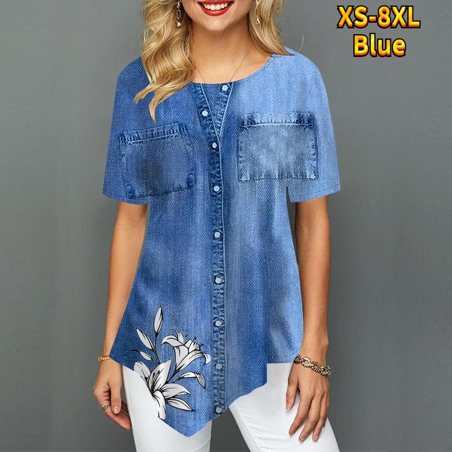 Women's Floral Short Sleeve Fashion Button Denim Print Summer women's women's Top T shirt Shirt T shirt Women's cm