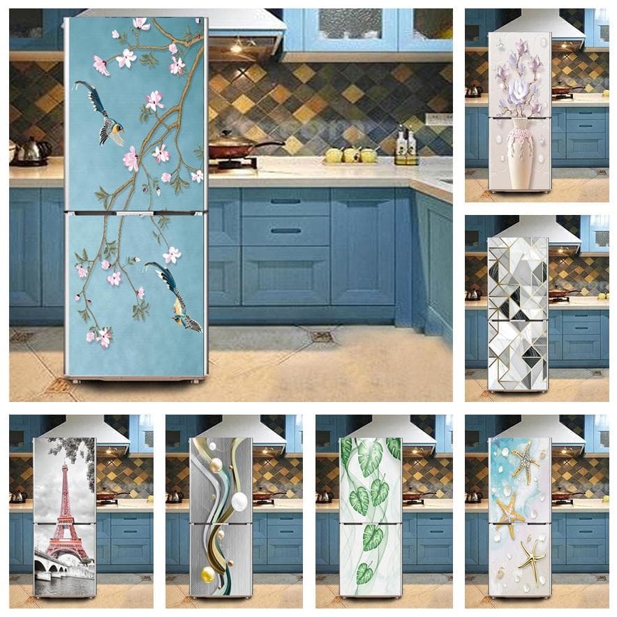Flower Bird 3D Sticker For Fridge Waterproof Kitchen Wallpaper Furniture Decoration Poster Door Mural Refrigerator Cover Decals