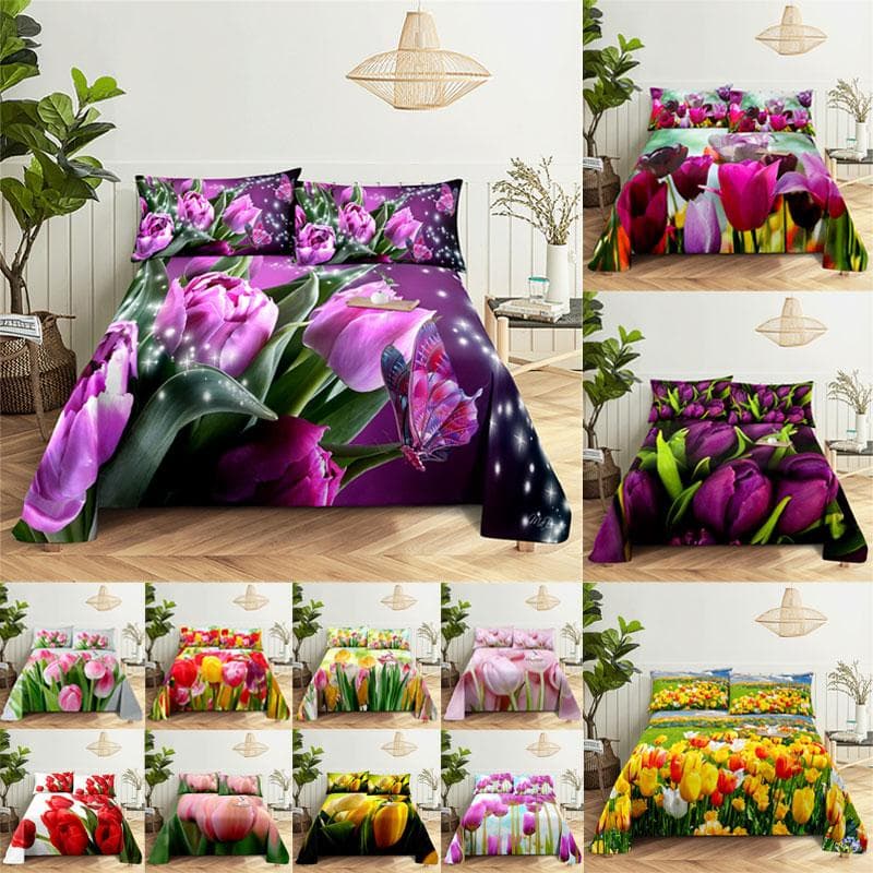 Tulip Bed Sheets Set with Pillows case Flowers Bedsheet with Pillowcase 2 PCS 3PCS for Single Double Beds King Full Twin Size