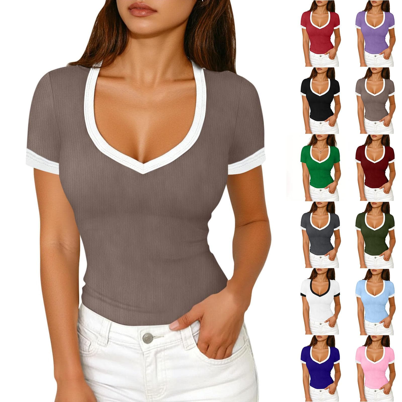 Women's Fashionable Ribbed -Color Versatile Short-Sleeve Top cm white