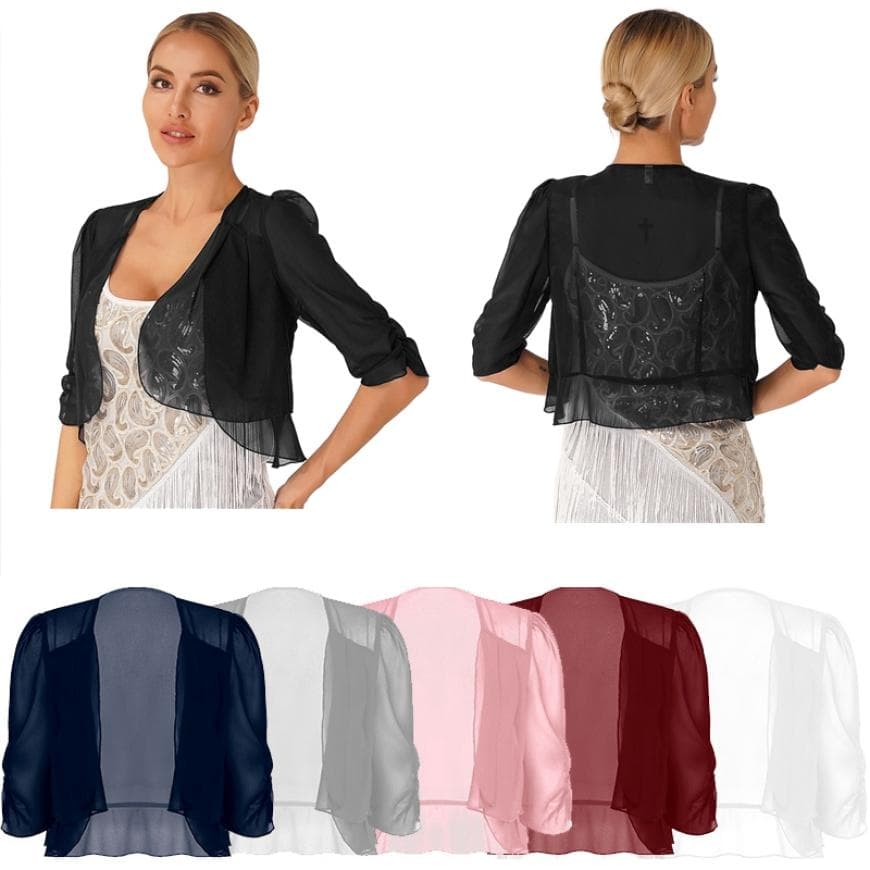 Fashion Womens Half Sleeve Cropped Cardigan Shrugs Bolero Chiffon Capes for Evening Dresses cm black