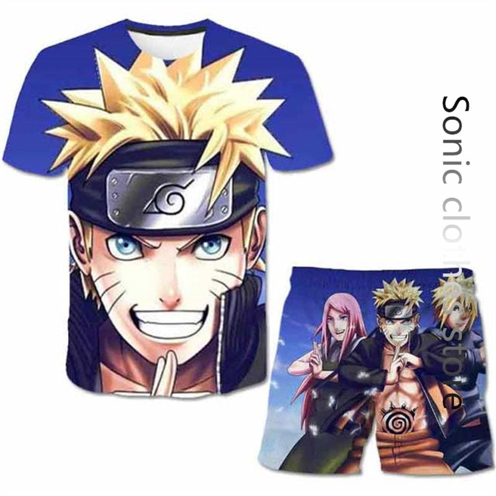 Summer Anime Naruto T-shirt Men's Casual Set Brand Boys T-shirt Short Sleeve+shorts Oversized 3d Printing Kids Two-piece Set cm