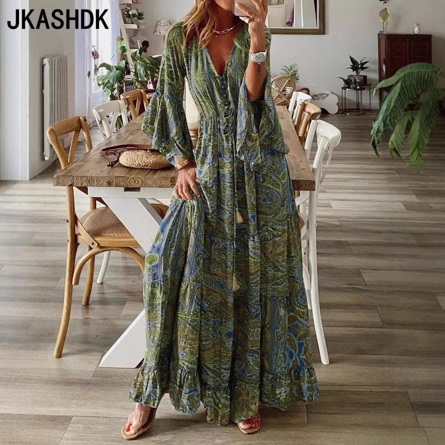 JKASHDK Women's Fashion Spring Fall Long Sleeve V-Neck High Waist Casual Dresses cm green