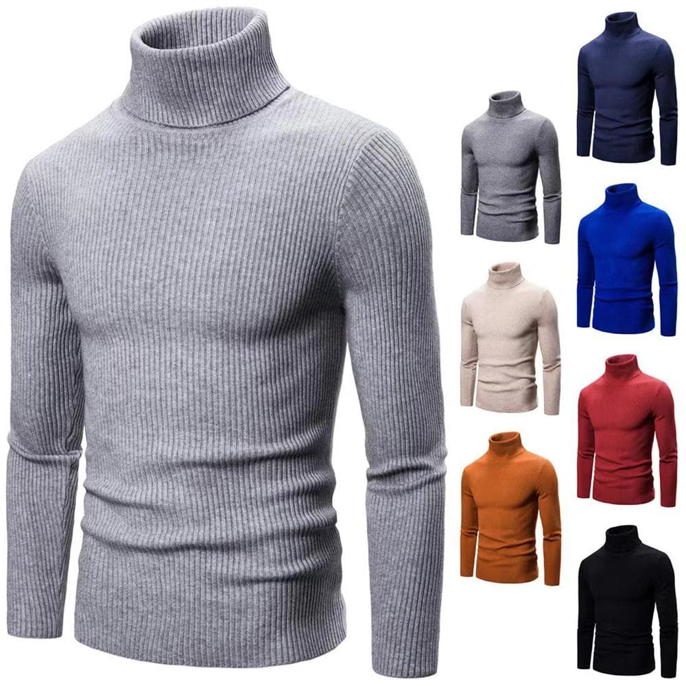 Mens Turtle Polo Neck Jumper Cable Knitted Warm Casual Winter Sweater Pullover cm light gray