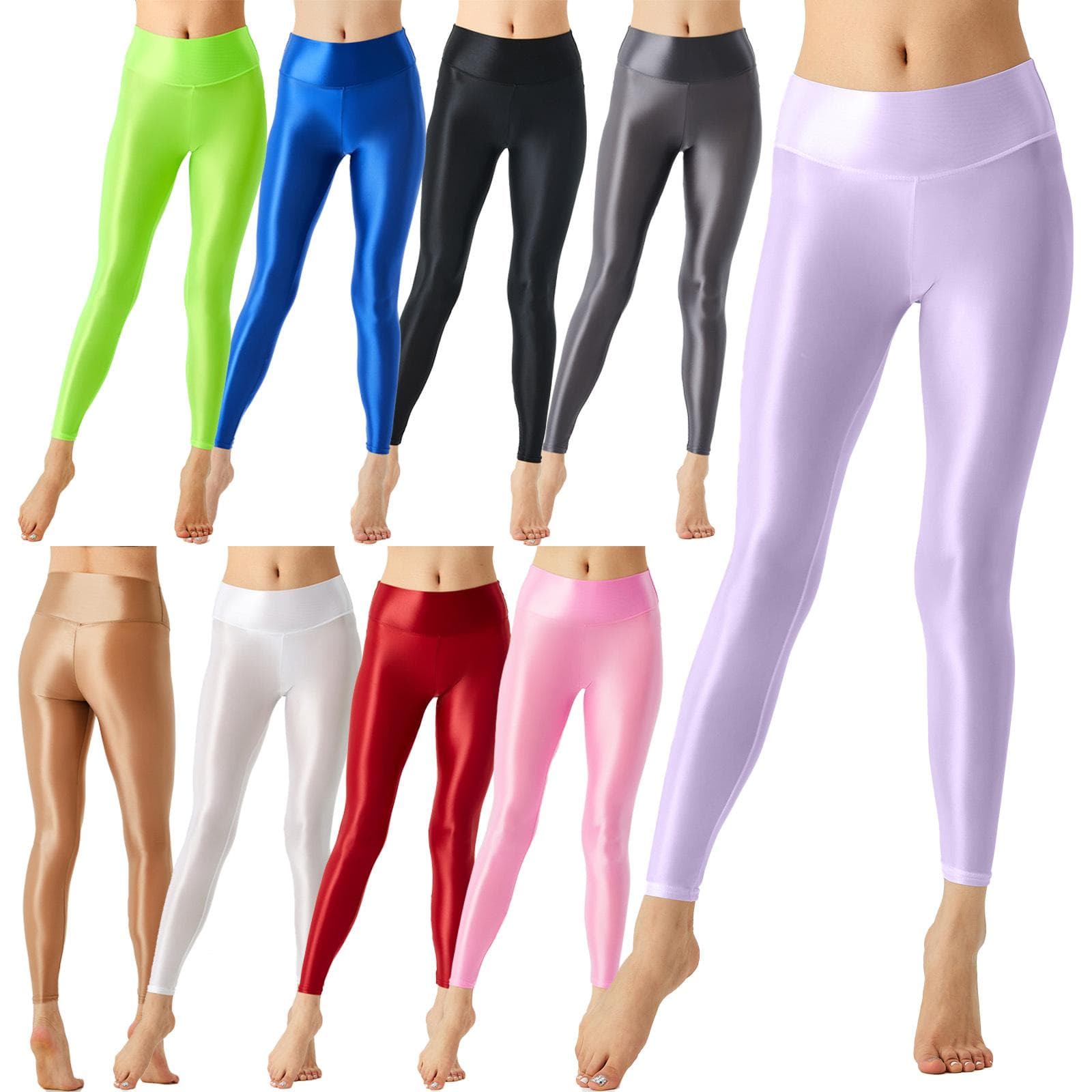M-XL Women Wide Elastic Waistband Leggings Solid Color Glossy Stretchy Pants for Yoga Pilates Workout Bodybuilding cm pink