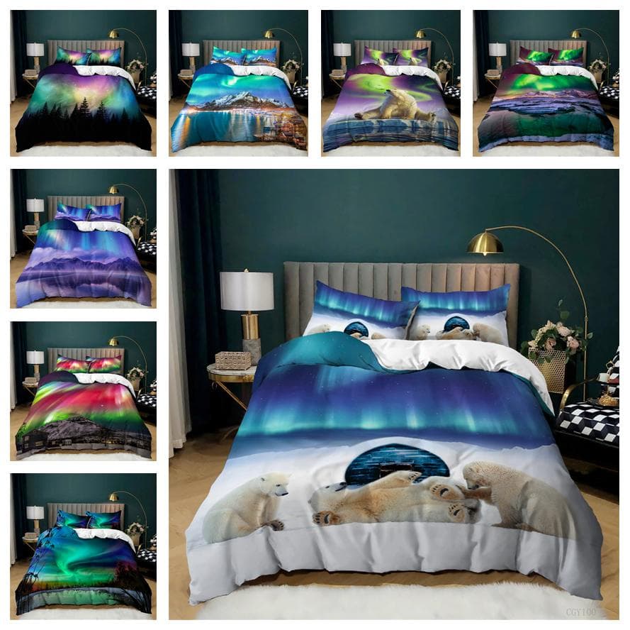 3D Arctic Aurora Bedding Set Beautiful Scenery Quilt Cover Pillow Case 2/3 Pieces AU180 * 210 Full Size Quick Drying Home Furnishing