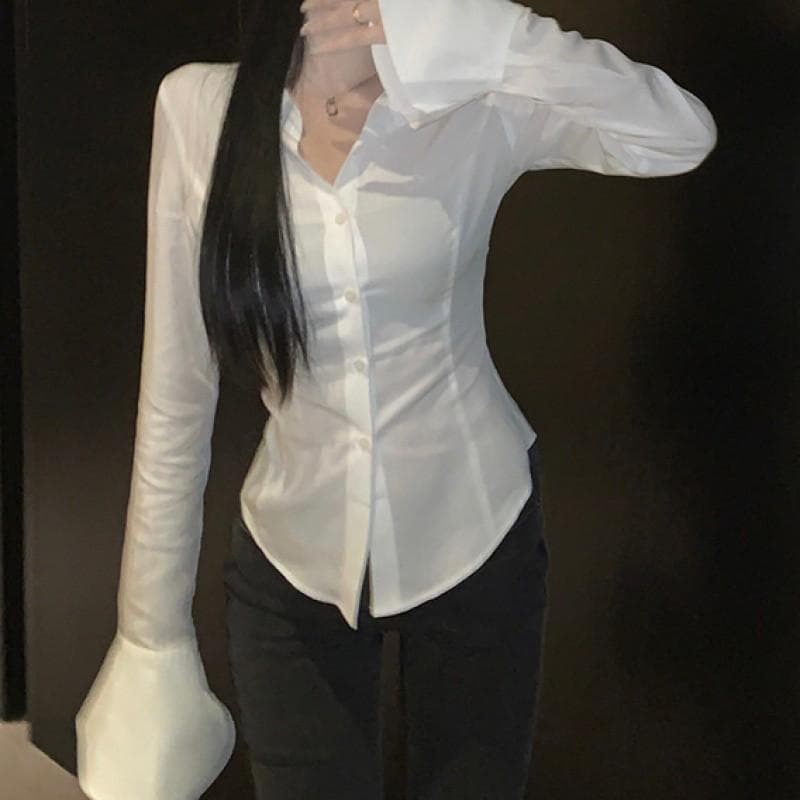 Sexy Slim Flared Sleeve Women's Shirt Solid Lapel Single-breasted Back Bandage Tunic Female Blouses Spring Trend Lady cm black