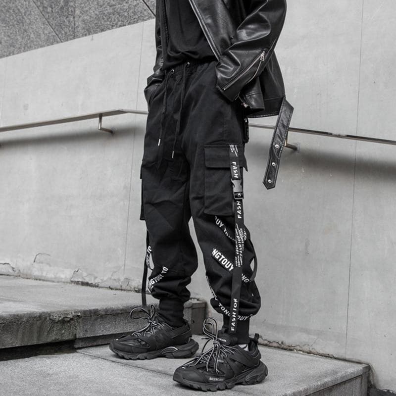 Black Cargo Pants Men Joggers Cargo Trousers for Men Jogging Japanese Streetwear Hip Hop Hippie Techwear Gothic Ribbon cm black