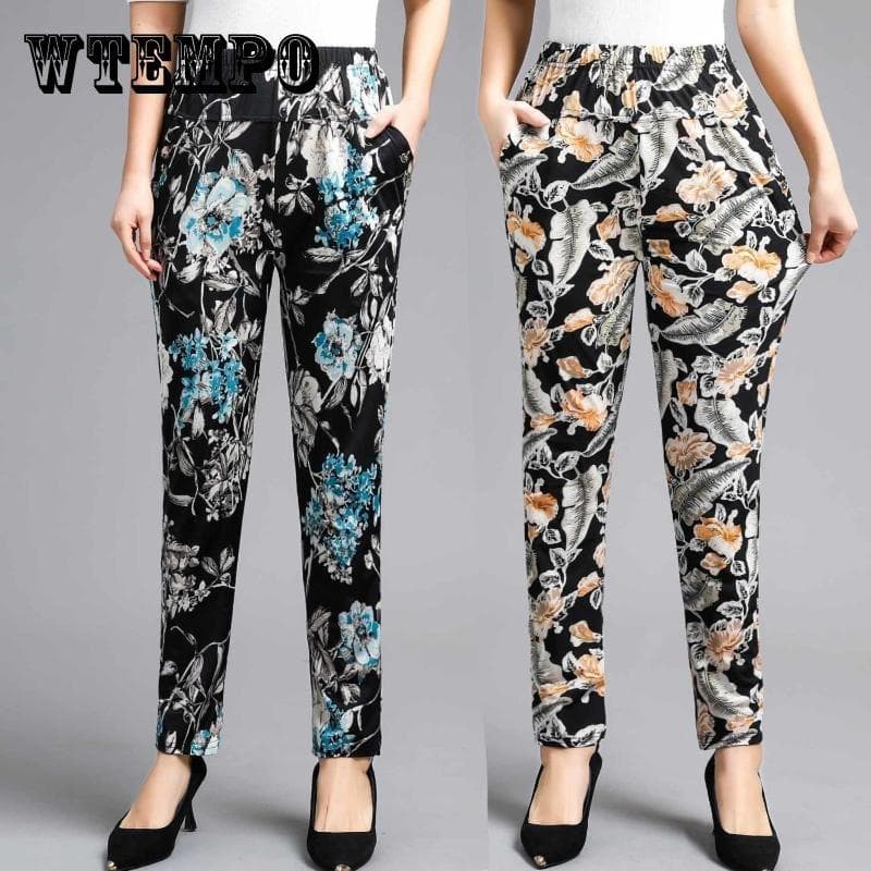 Summer Women's Pants Casual Pants High Waist Stretch Flower Pants for Middle-aged and Elderly Mothers Pants Large Size cm