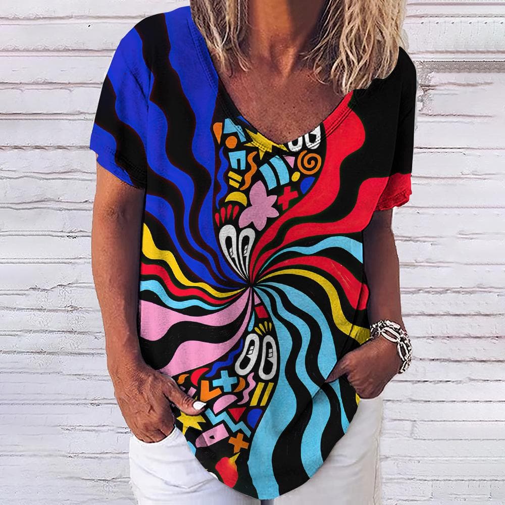 Summer Women's T-Shirts Coloful Print Tops V Neck Fashion Female Harajuku Clothing Girls Tees Loose Casual Oversized Tshirts cm