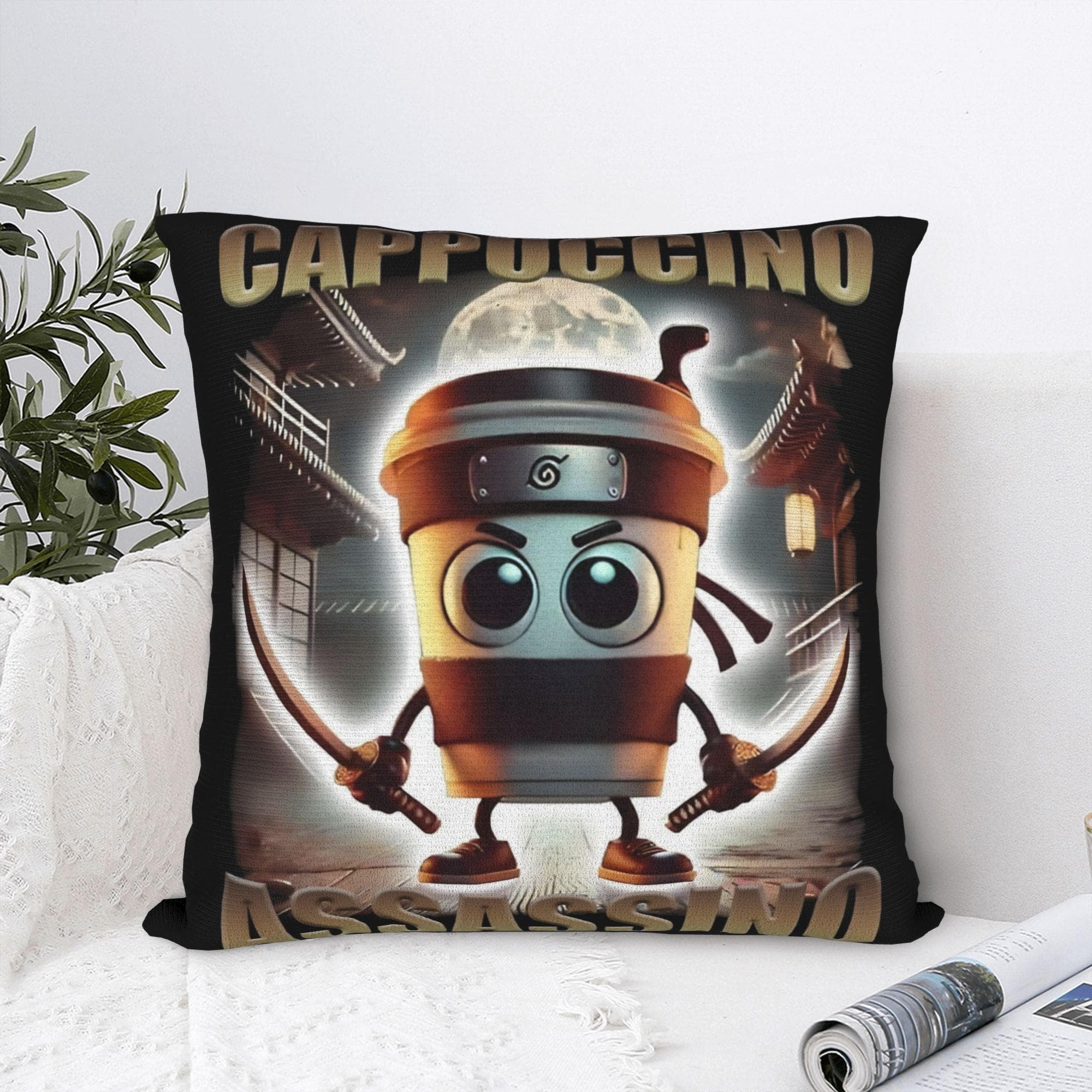 Cappuccino Assassino Funny Italian Brainrot Pillowcase Soft Cushion Cover Decorative Pillow Case Cover Home Zippered 40*40cm