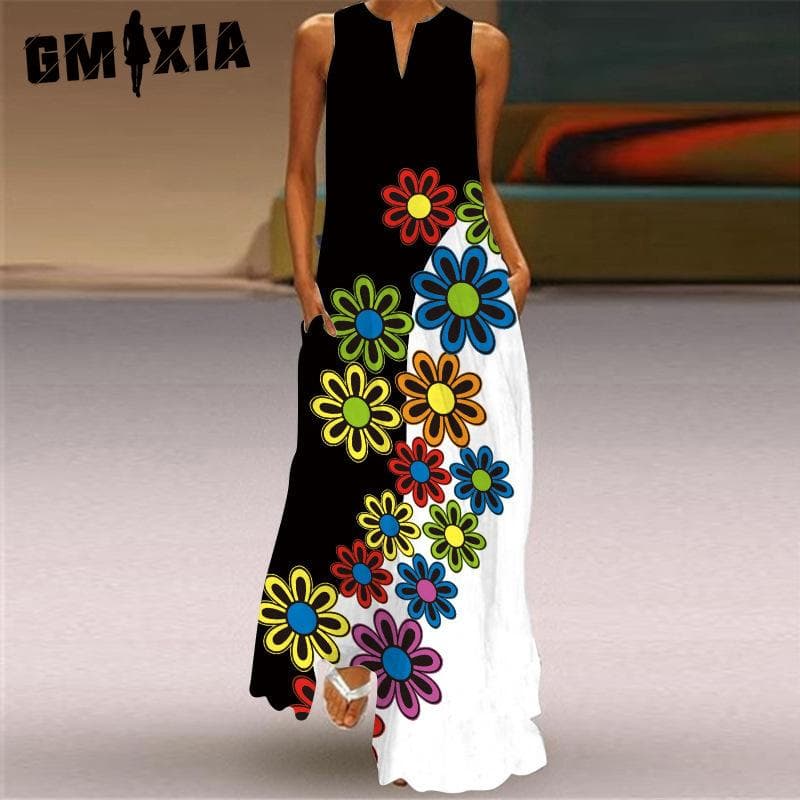 GMXIA Summer Women's Sleeveless Long Skirt V-neck Printed Green Flower Dress 48 Elements Women's Wear cm