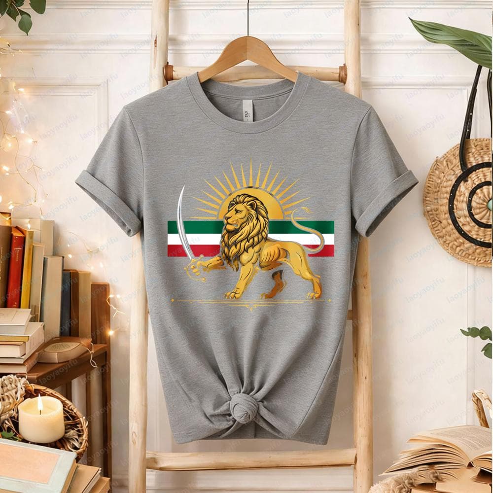 Unisexs Persian Lion Sun TShirt Traditional Iranian Heritage Graphic Tee Green White Red Flag Crewneck Patriotic Cotton Tops cm