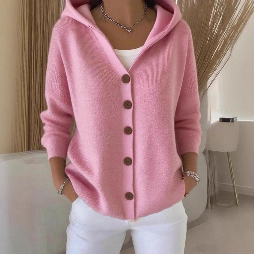 Women's V-Neck Knit Cardigan with Hood and Brown Buttons, Cozy Casual Sweater cm light yellow