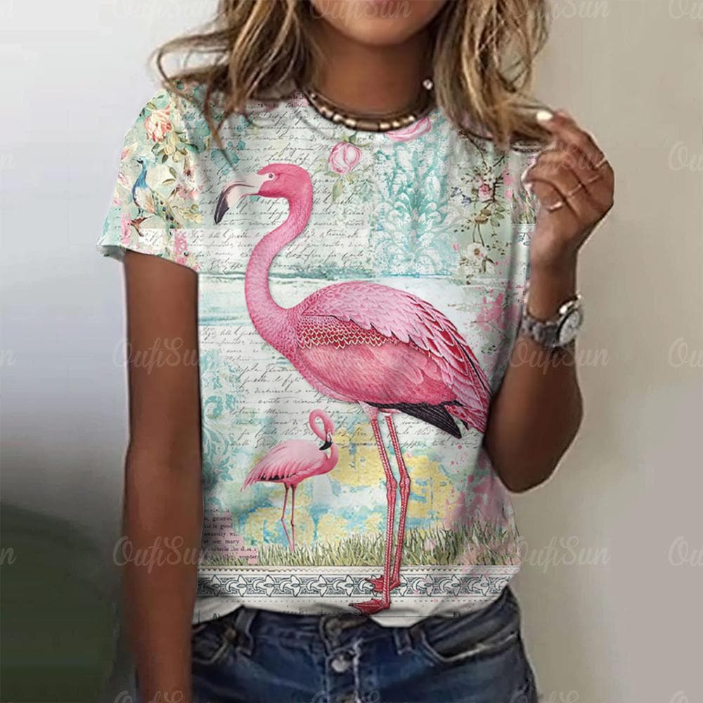 T-Shirts 3d Flamingo Print Fashion O-Neck Casual Ladies Casual Female Top Harajuku Girls Short Sleeve Loose Woman Clothing cm