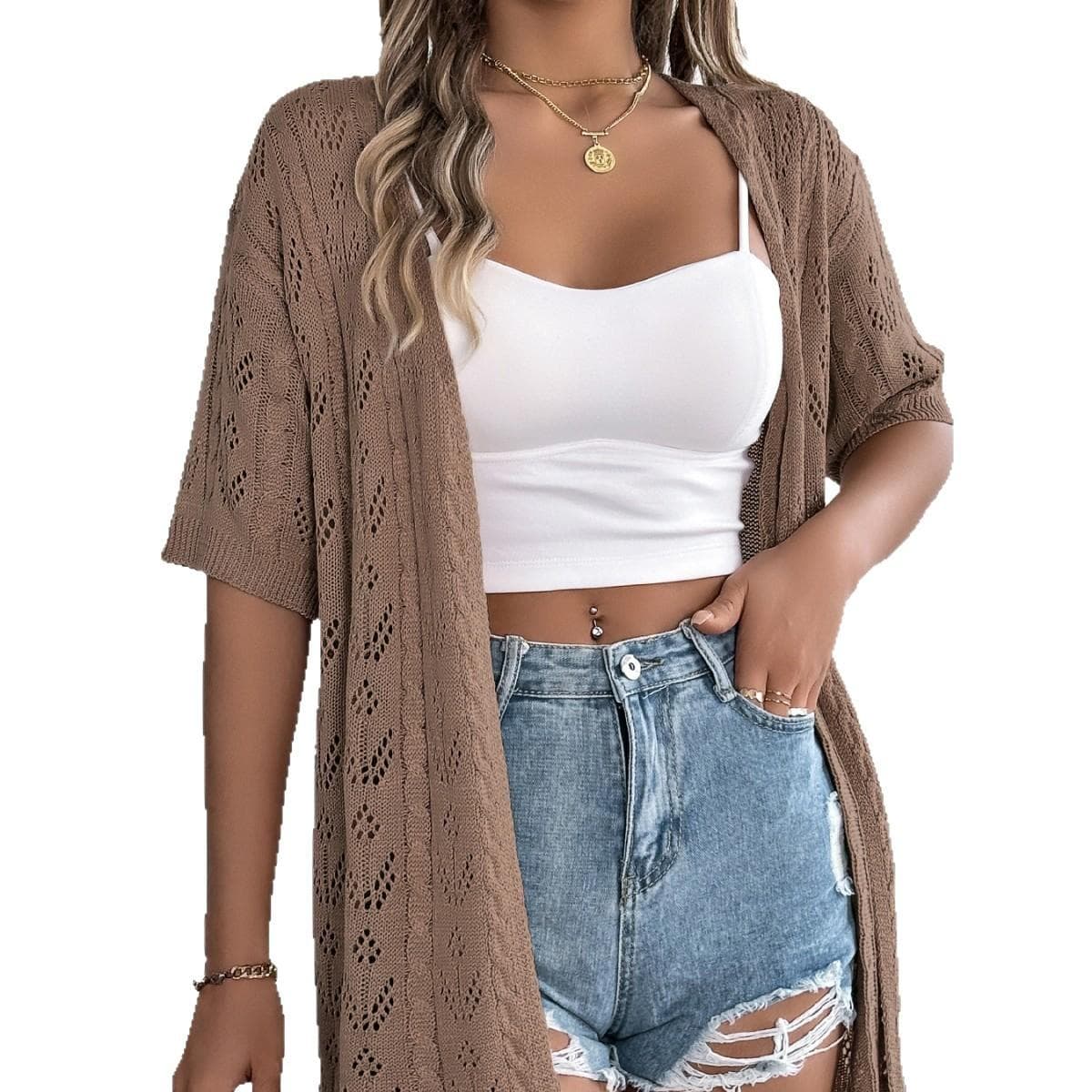 Spring and Summer Cut-out Short-sleeved Knitted Cardigan for Vacation Sun Protection Women's Clothing cm white