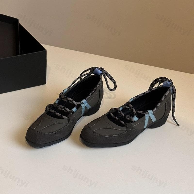 Women's Ballet Flats Shoes 2026 Autumn Fashion Non Slip Comfortable Lace Up Casual Shoes High Quality Sports Shoes Mary Jane cm black