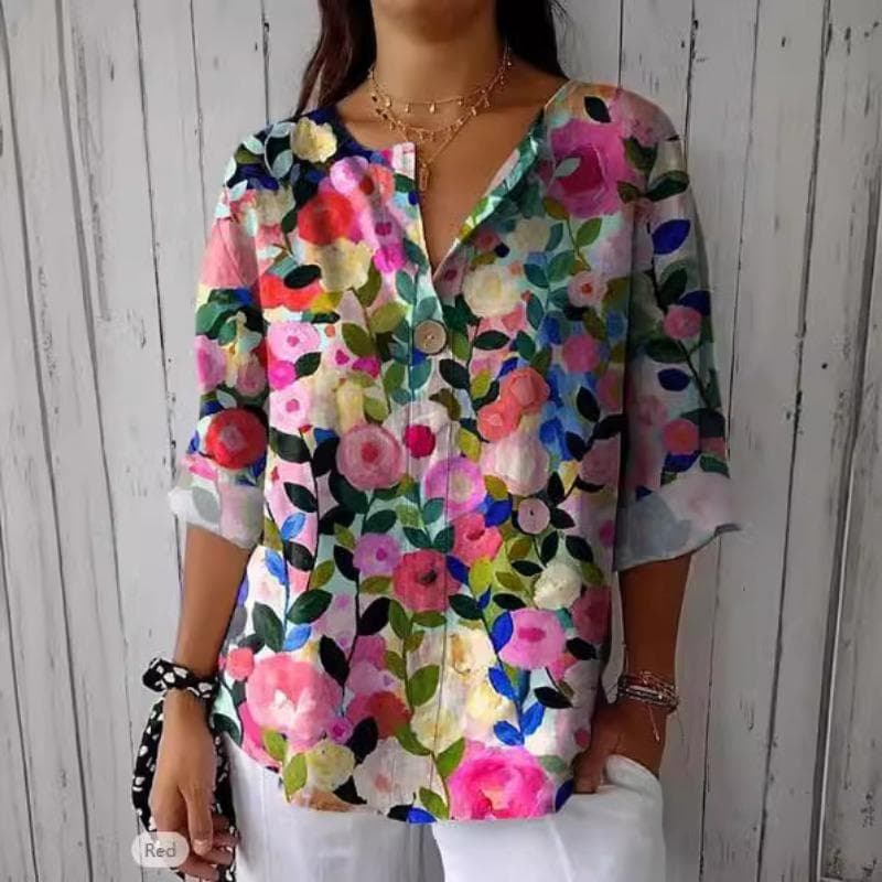 Fashion Summer Floral Printed Women Blouse V Neck Loose Casual Simple Office Shirt Ladies Summer Plus Size Holiday Sweet Short Sleeve Tops Clothes cm