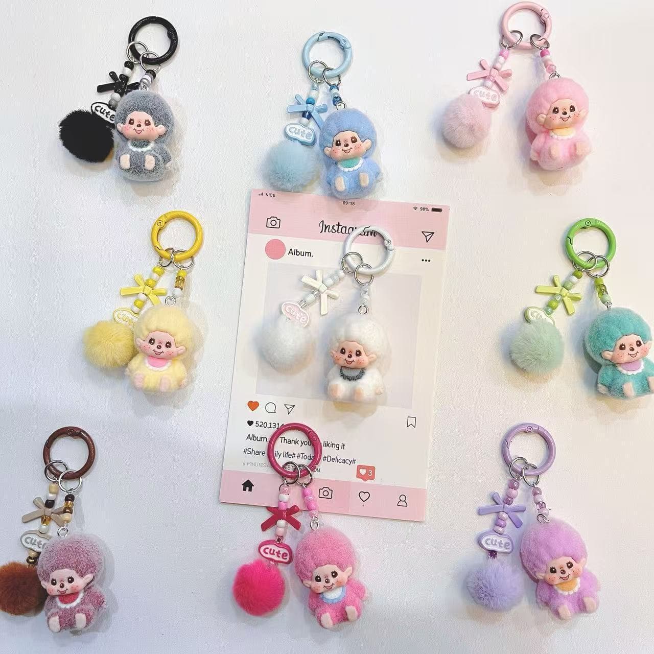 Flocking Monchichi Keychains With Bow Cute Monchichi Keychain Pendant For Bags Anime Bags Charm Keyring Girls Bag Charm Gifts
