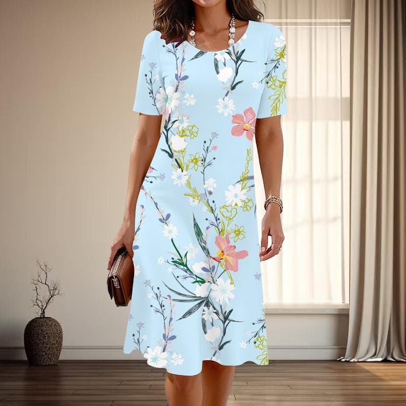 Women's Fashion Graceful Floral Print Summer Spring Short Sleeve O-Neck Casual Dresses cm pink