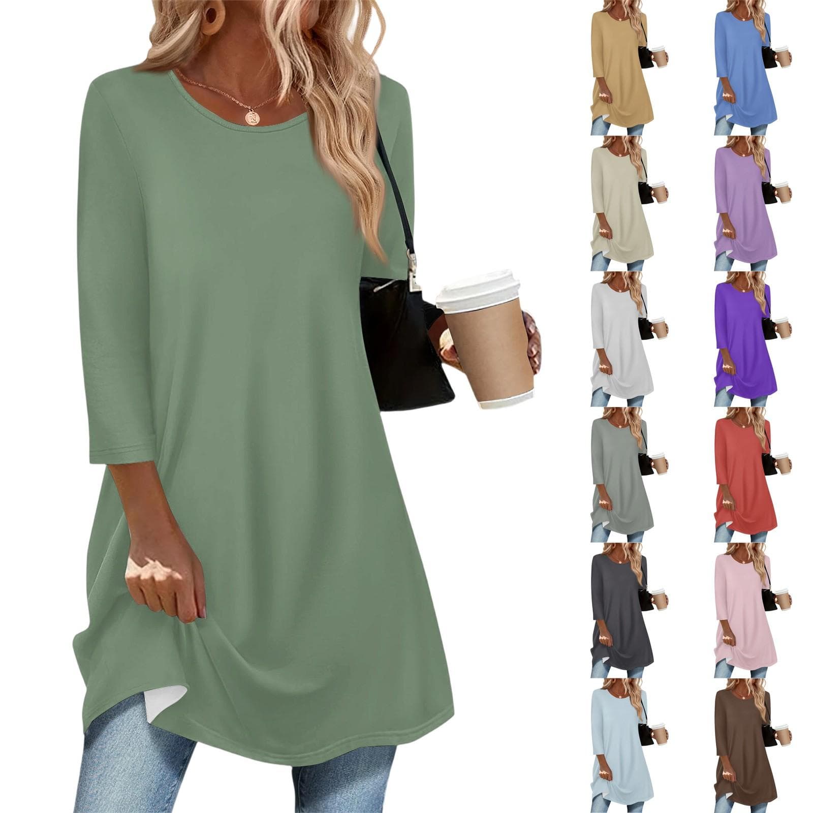 Women's Fashion Casual Three-quarter Sleeve Long Solid Color Round Neck Top cm white
