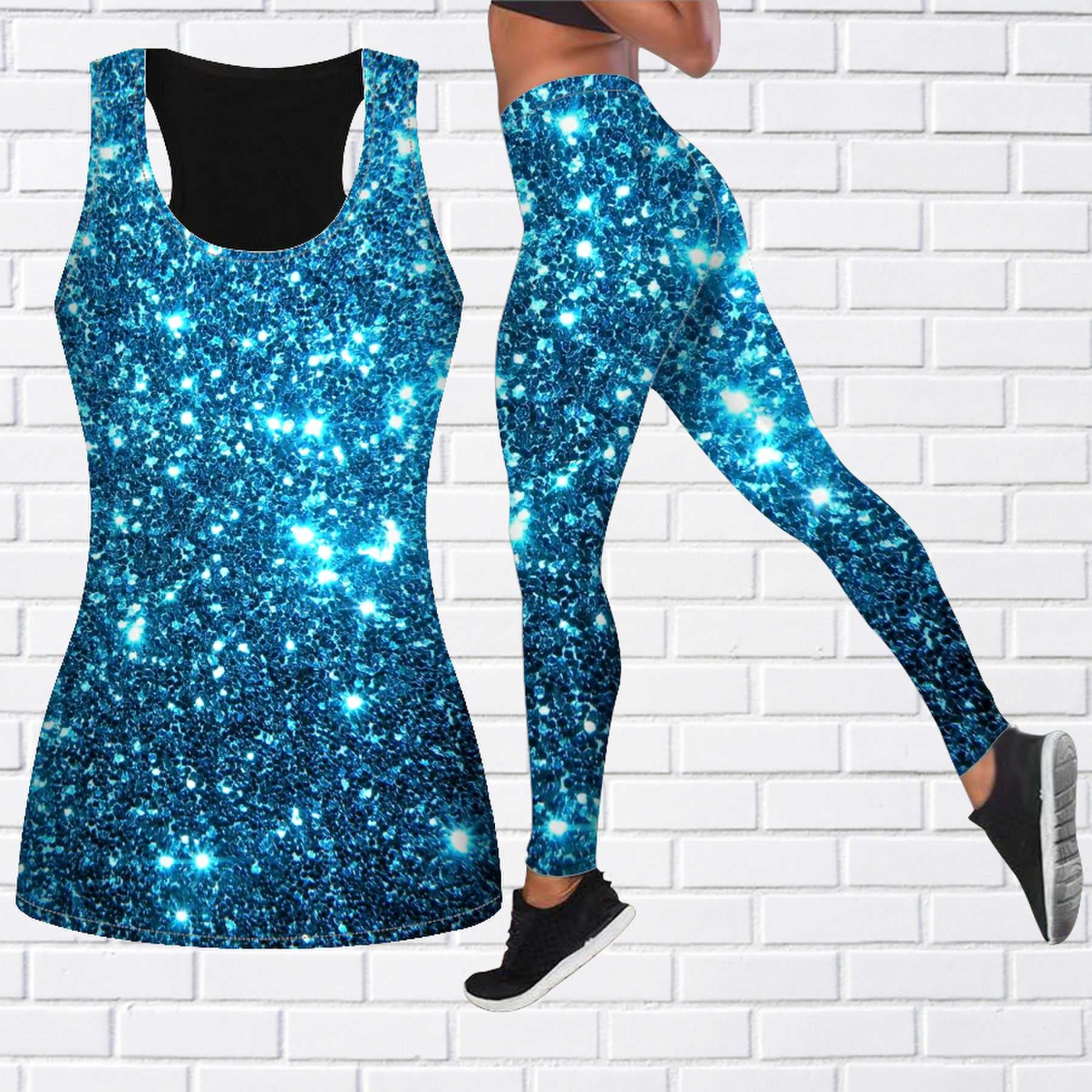 Multi Color Sequins Print Yoga Outfit for Women Fashion Workout Leggings Fitness Sports Casual Yoga Pants cm blue