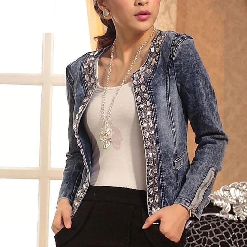 Spring and Fall Clothing Stretch Denim Rhinestone Sequins Retro Short Denim Jacket cm blue