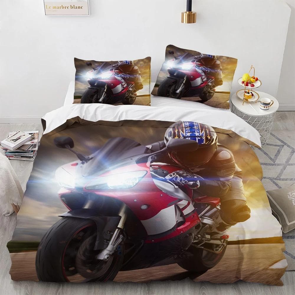 Motorcycle Rider King Queen Duvet Cover 3D Motocross Extreme Sport Bedding Set for Teens Adults Man Youth Dirt Bike Quilt Cover